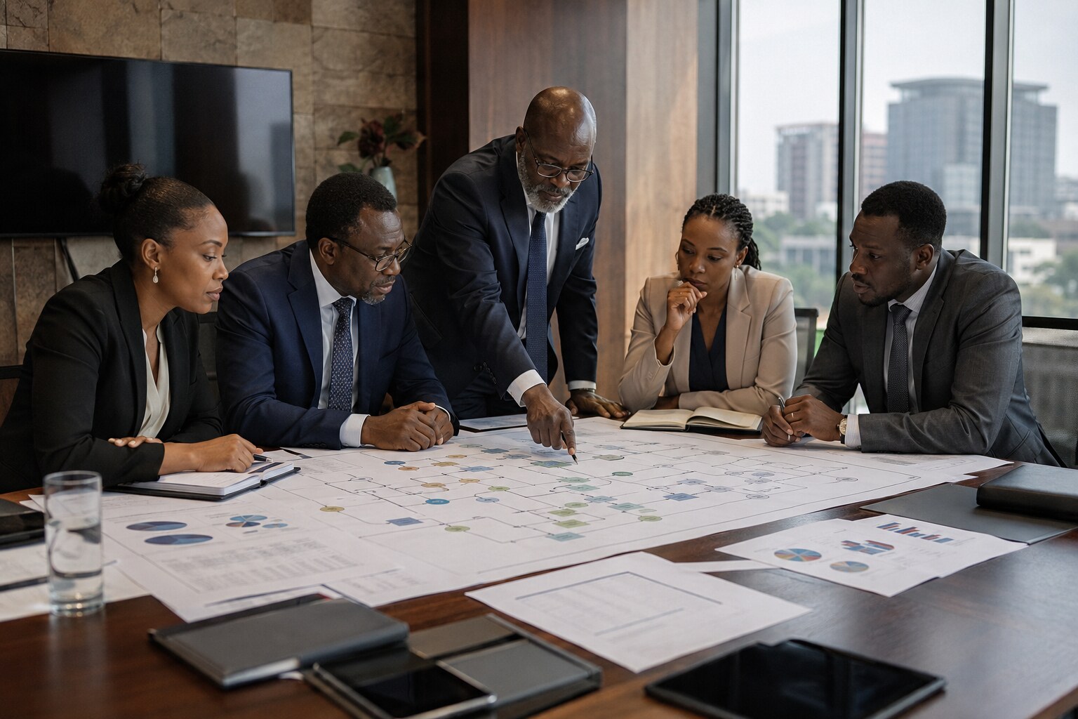Senior leaders working together in a modern African boardroom